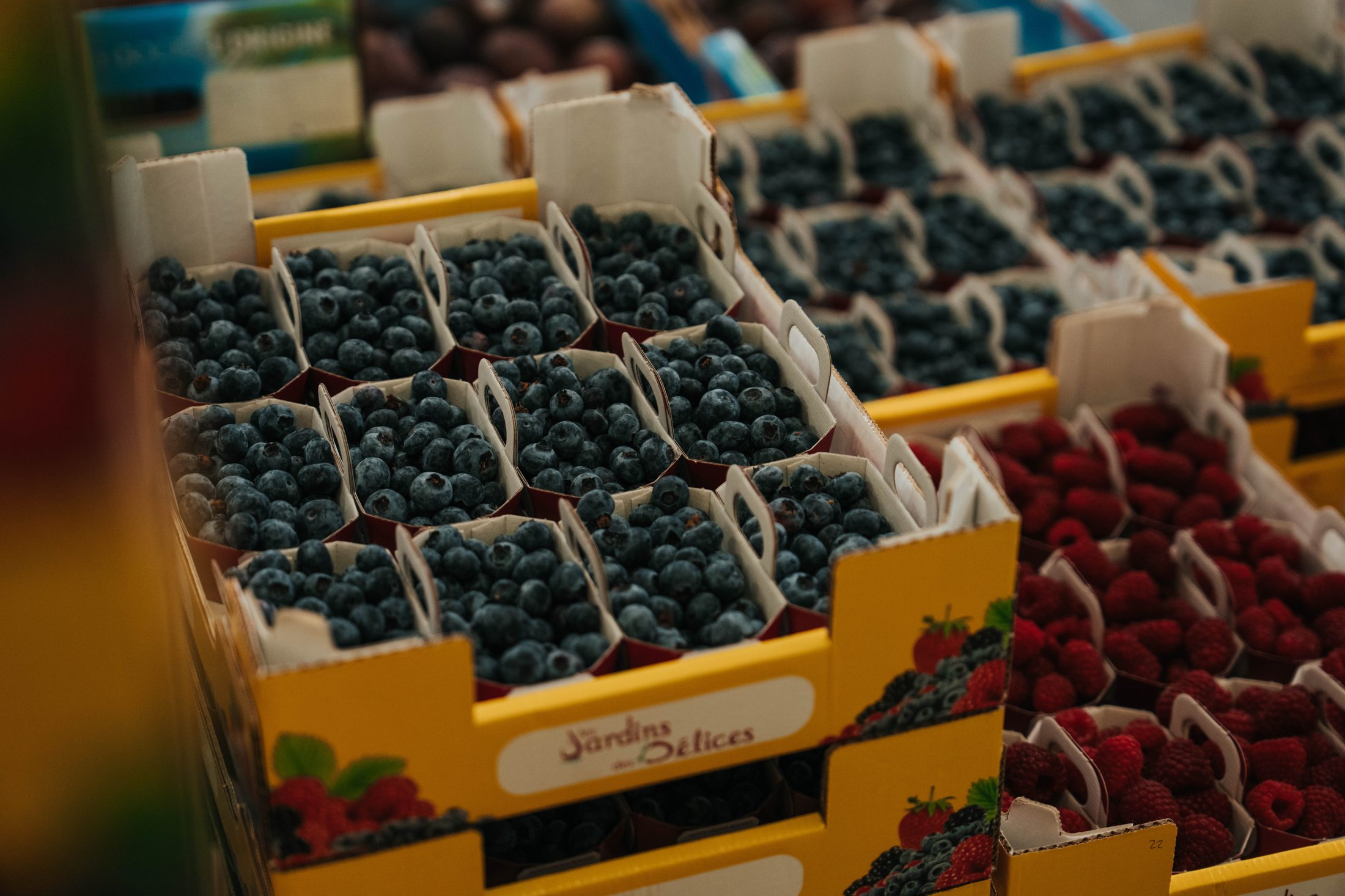 Cagettes de myrtilles et framboises chez Fruit'Op